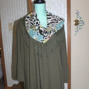 Wtags: Olive Green, Leopard Fringe Scarf Blouse